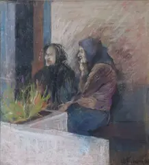 Shawlies In Conversation by Wendy Finnegan, Pastel on paper, sold Dec 2023