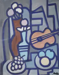 Markey Robinson, Still Life Of Grapes And Violin, Gouache on board
