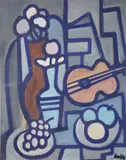Markey Robinson, Still Life Of Grapes And Violin, Gouache on board