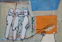 Whodunnit by John Kingerlee, Oil and collage on board, sold Jul 2023