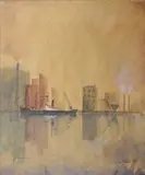 Peter Pearson, Dockland Harbour Scene, Watercolour