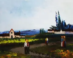 Strolling by Daniel O'Neill, Oil on board, sold Jun 2023