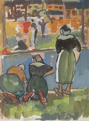 John O'Leary, Washerwomen At Concarneau, Gouache on paper