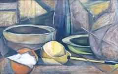 Margaret Mellis, Still Life Of Fruit And Bowls, pastel on paper
