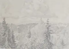 Erik Werenskiold, Landskap i Bærum, Kolsåstoppen og Skaugumåsen, 1919, Litografi, oppklebet på papp