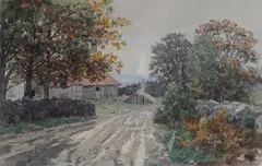 Hans Gude, Gårdsvei, 1892, Akvarell på papir