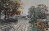 Hans Gude, Gårdsvei, 1892, Akvarell på papir
