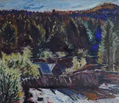 Henrik Sørensen, Myllarfossen i Grungedal, 1933, Olje på teakplate