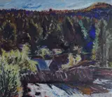 Henrik Sørensen, Myllarfossen i Grungedal, 1933, Olje på teakplate