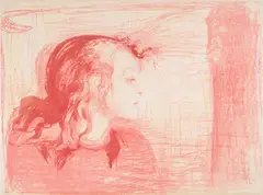 Edvard Munch, Det syke barn I, 1896, Fargelitografi trykket i rødt, grått og gult på gråhvitt kinapapir