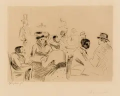 Edvard Munch, Kafé Bauer, 1902, Radering trykket i brunsvart på beige velin
