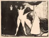 Edvard Munch, Kvinnen, 1899, Litografi trykket i svart på gulhvitt papir