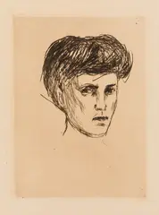 Kvinnehode by Edvard Munch, 1907, Radering trykket i brunlig på tykt beige papir, sold Dec 2025