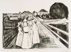 Edvard Munch, På broen, 1912-13, Litografi trykket i svart på tykt hvitt papir