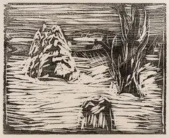 Edvard Munch, Hagen i snø I, 1913, Tresnitt trykket i svart på halvtynt gulhvitt japanpapir