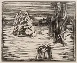 Edvard Munch, Hagen i snø I, 1913, Tresnitt trykket i svart på halvtynt gulhvitt japanpapir