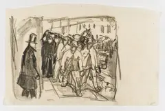 Edvard Munch, Arbeidere og mann med flosshatt, Stift på tynt gulhvitt papir
