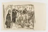Edvard Munch, Arbeidere og mann med flosshatt, Stift på tynt gulhvitt papir