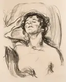 Edvard Munch, Hvilende halvakt, 1919-20, Litografi trykket i svart på gulhvitt papir