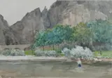 Johanne Mathilde Dietrichson, Landskap med akvedukt, 1889, Akvarell på papir