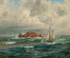 Thorolf Holmboe, Kystlandskap med losskøyte, Olje på lerret