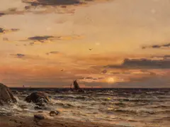 Fra Jæren, ved solnedgang by Amaldus Nielsen, 1895, Olje på lerret, sold Nov 2024