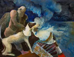 Knut Rose, Komposisjon med figur og hund, Olje på lerret