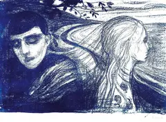Løsrivelse II by Edvard Munch, 1896, Fargelitografi trykket i blått på middels tynt papir, sold Dec 2024
