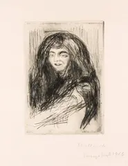Leende kvinne med utslått hår by Edvard Munch, 1916, Radering trykket i grønnsvart på gulhvit velin, sold Dec 2024