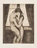 Edvard Munch, Kyss, 1895, Radering trykket i sort på gulhvitt papir