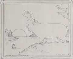 Finn Graff, Norsk kulturlandskap: Elg i solnedgang, 1983, Penn på papir