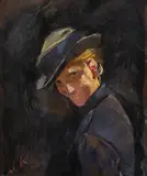 Dame med hatt by Christian Krohg, Olje på plate, sold Jun 2024