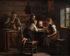 Jahn Ekenæs, Lesestund i en bondestue, 1880, Olje på lerret