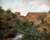 Kitty Lange Kielland, Landskap med borgmur, Rochefort-en-Terre, 1881-82, Olje på lerret