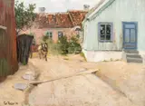 Frits Thaulow, Hest og kjerre i norsk tun, 1894, Olje på lerret
