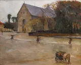 Torvet i høstregn by Kitty Lange Kielland, Olje på lerret, sold Jun 2024