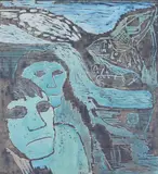 Johannes Rian, Landskap med figurer, Tresnitt med håndkolorering