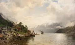 Anders Askevold, Fjordlandskap med folkeliv, 1889, Olje på lerret