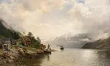 Anders Askevold, Fjordlandskap med folkeliv, 1889, Olje på lerret
