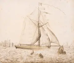 Lars Hertervig, Skute 1858 og Kystlandskap, 1858, Blyant og akvarell på papir