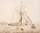 Lars Hertervig, Skute 1858 og Kystlandskap, 1858, Blyant og akvarell på papir
