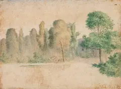 Lars Hertervig, Løvskog med gressende dyr, 1872, Akvarell på papir
