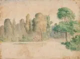 Lars Hertervig, Løvskog med gressende dyr, 1872, Akvarell på papir