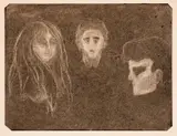 Edvard Munch, Tre ansikter. Tragedie, 1902, Mezzotint trykket i brunlig på tykt beige papir