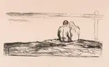 Edvard Munch, Måneoppgang, 1908-09, Litografi trykket i sort på tykt gulhvitt papir