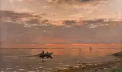 Aftenstemning (utenfor Fredrikstad) by Amaldus Nielsen, 1917, Olje på lerret, sold Jun 2023