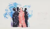 Inger Sitter, Komposisjon med figurer, 1973, Fargelitografi med tekst