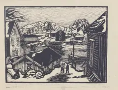 John Savio, Øen Lillemolla i bakgrunnen, Svolvær, Tresnitt