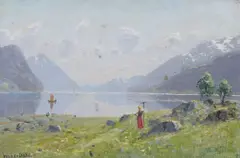 Hans Dahl, Pike med rive i fjordlandskap, Olje på lerret oppklebet på plate