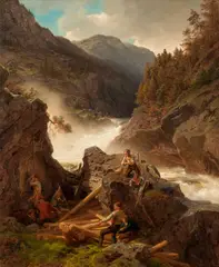 Hans Gude, Foss med tømmerfløtere, 1858, Olje på lerret